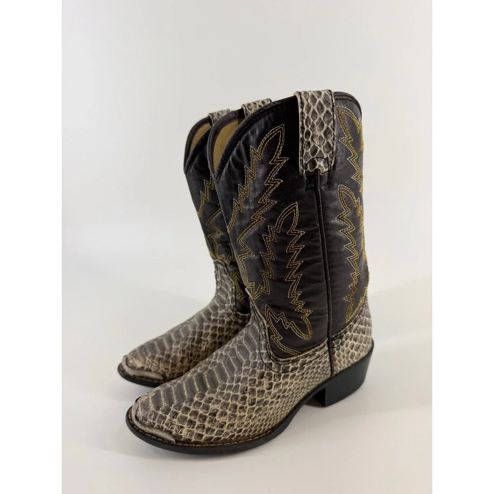 Laredo Kids Western Cowboy Boots Faux Snakeskin Brown Snip Toe Stitching 9 Inch
